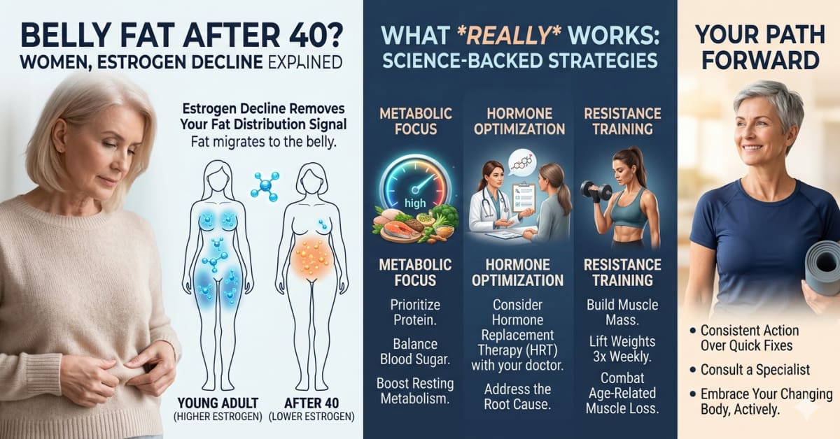 Belly Fat Appearing After 40 Without Eating More — Estrogen Decline Removed Your Fat Distribution Signal — Here’s What Works